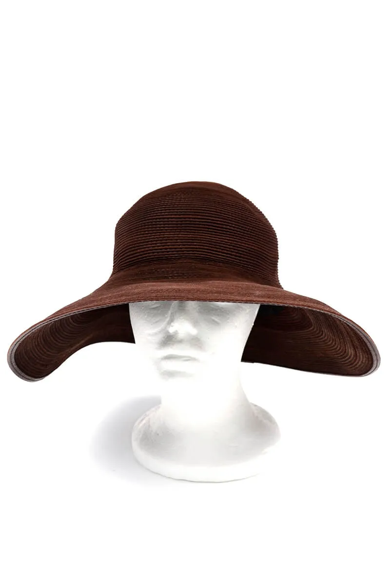 1980s Patricia Underwood Brown Corded Leather Wide Brim Floppy Hat