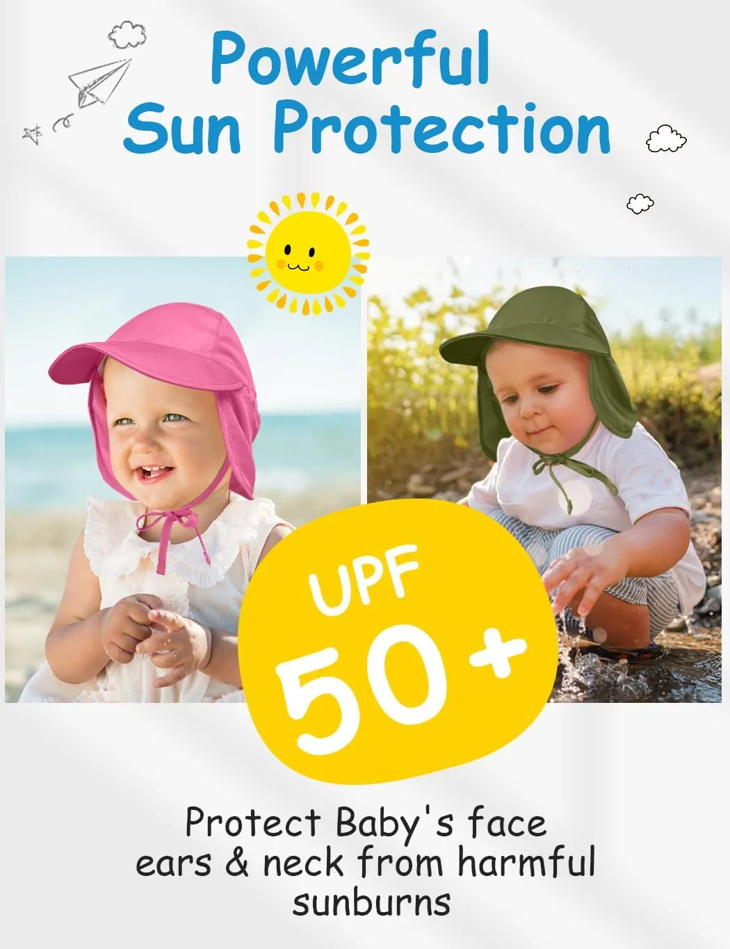 Adjustable Baby Sun Hat Boys Girls, UPF 50  Toddler Summer Beach Swim Hat with Neck Flap for Infant Traveling Cap