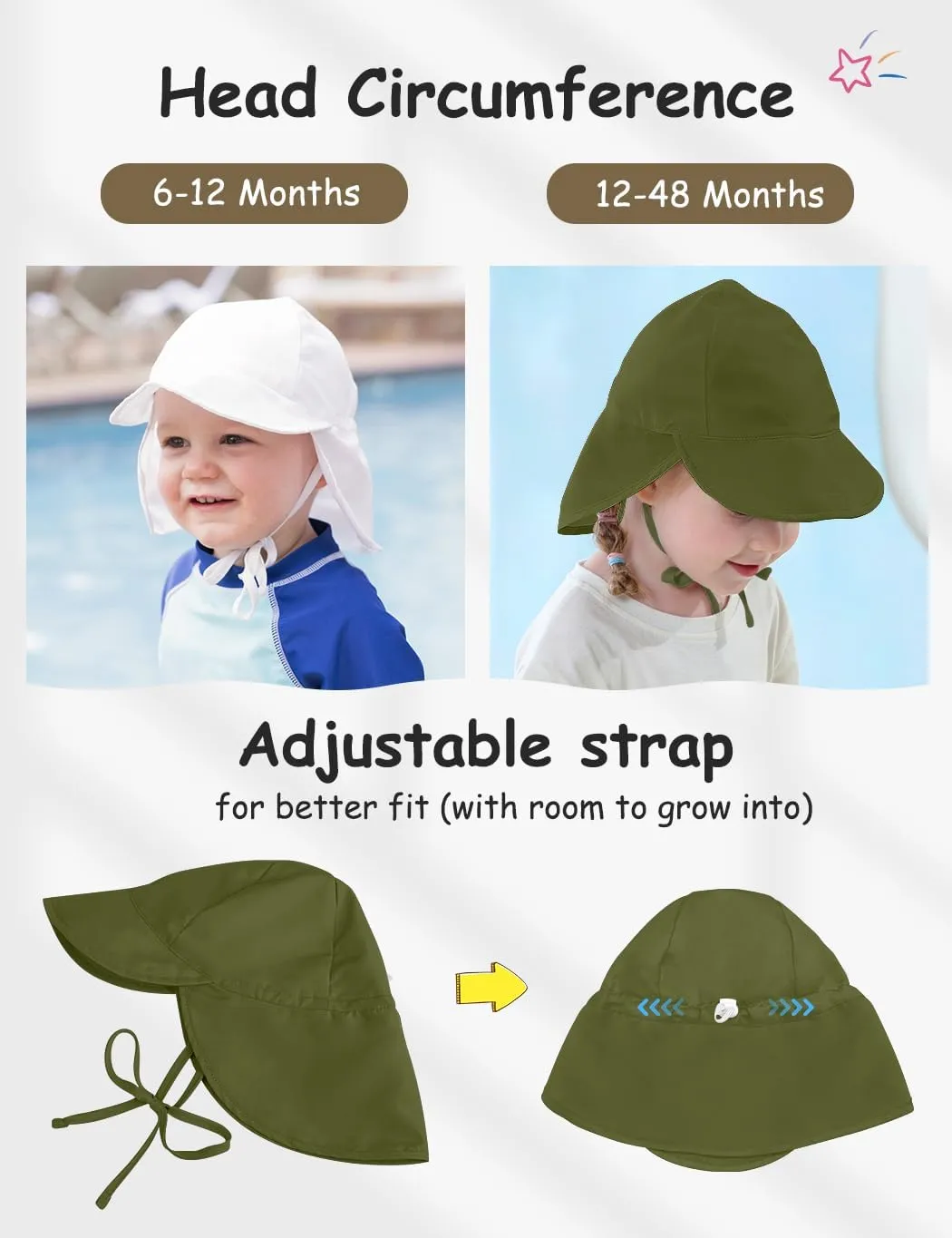 Adjustable Baby Sun Hat Boys Girls, UPF 50  Toddler Summer Beach Swim Hat with Neck Flap for Infant Traveling Cap