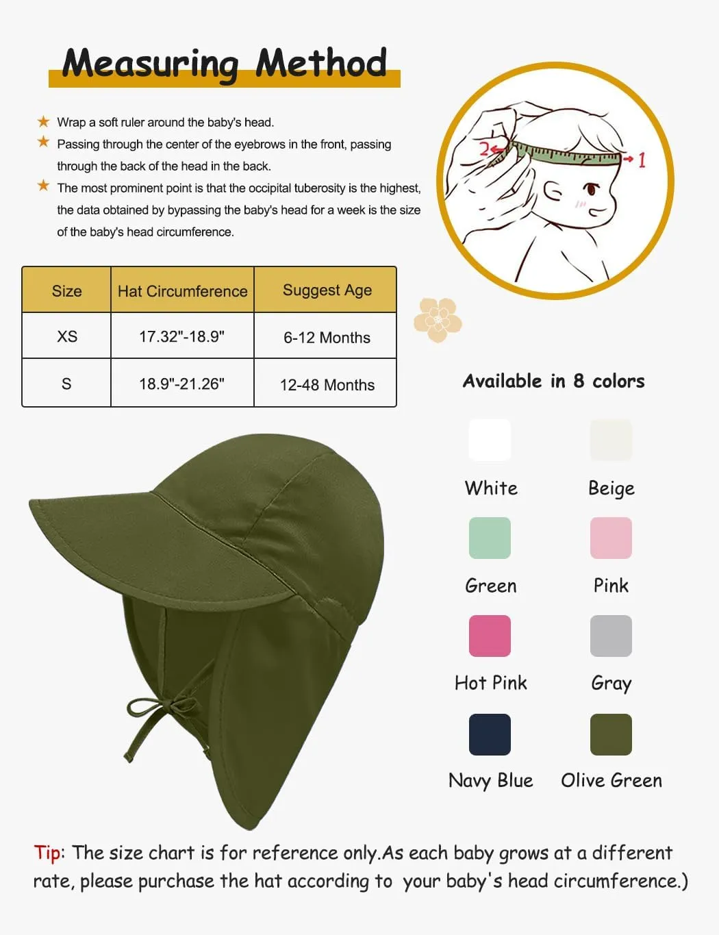 Adjustable Baby Sun Hat Boys Girls, UPF 50  Toddler Summer Beach Swim Hat with Neck Flap for Infant Traveling Cap