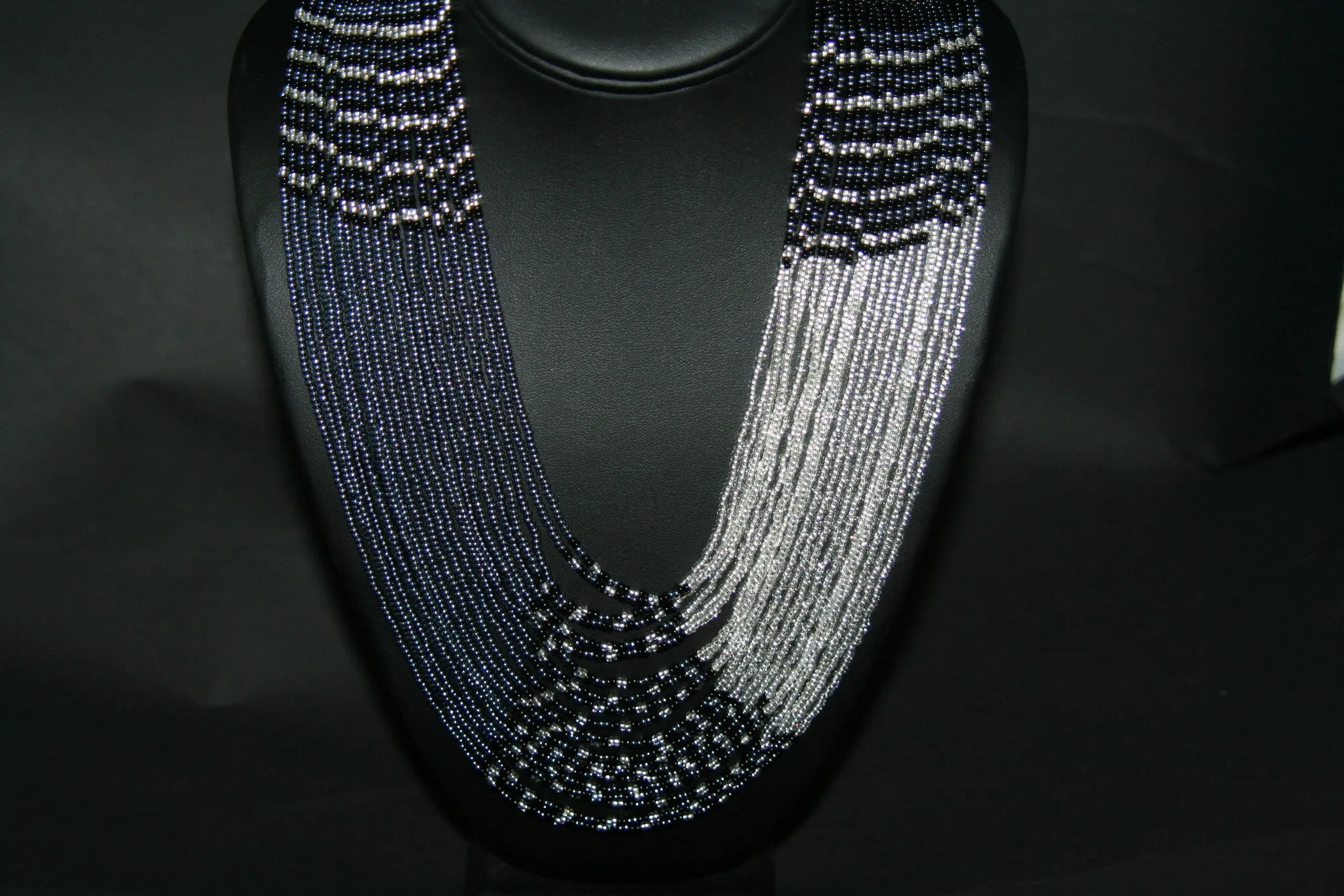 African Beaded Waterfall Necklace Graphite Black Silver Colors Matching Bracelet
