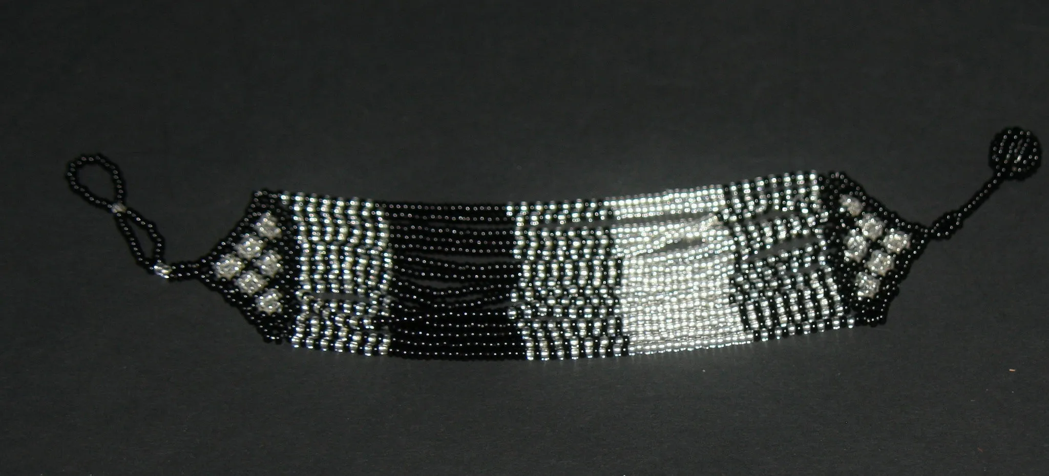 African Beaded Waterfall Necklace Graphite Black Silver Colors Matching Bracelet
