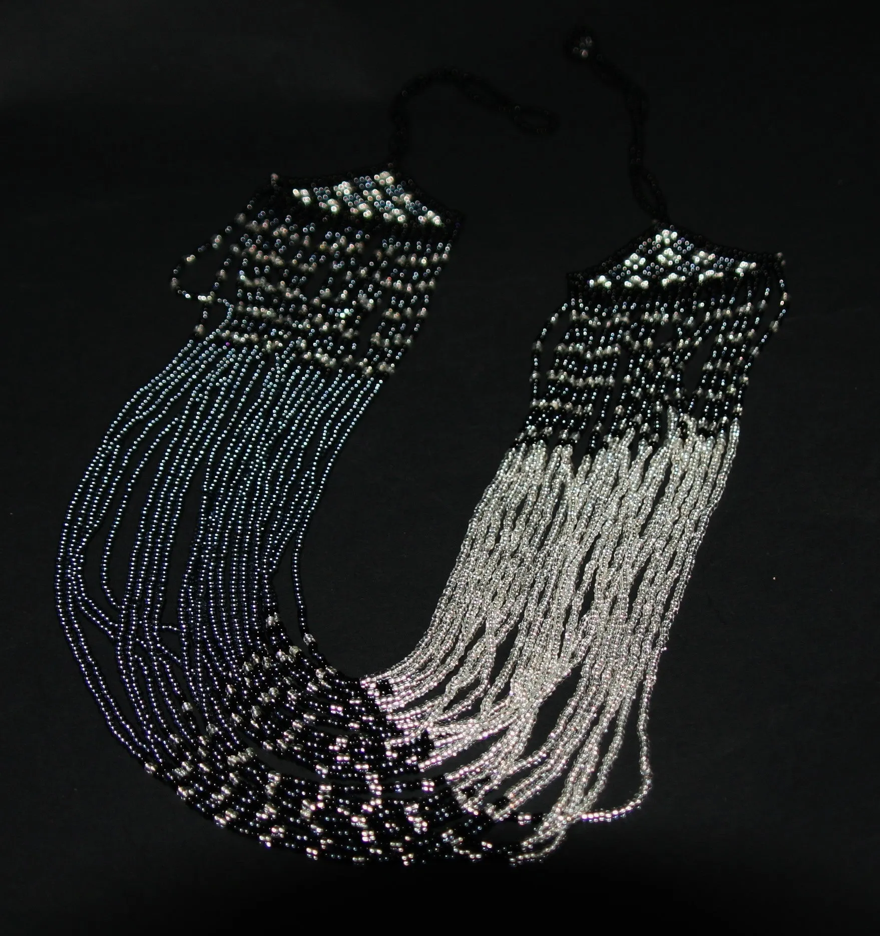 African Beaded Waterfall Necklace Graphite Black Silver Colors Matching Bracelet