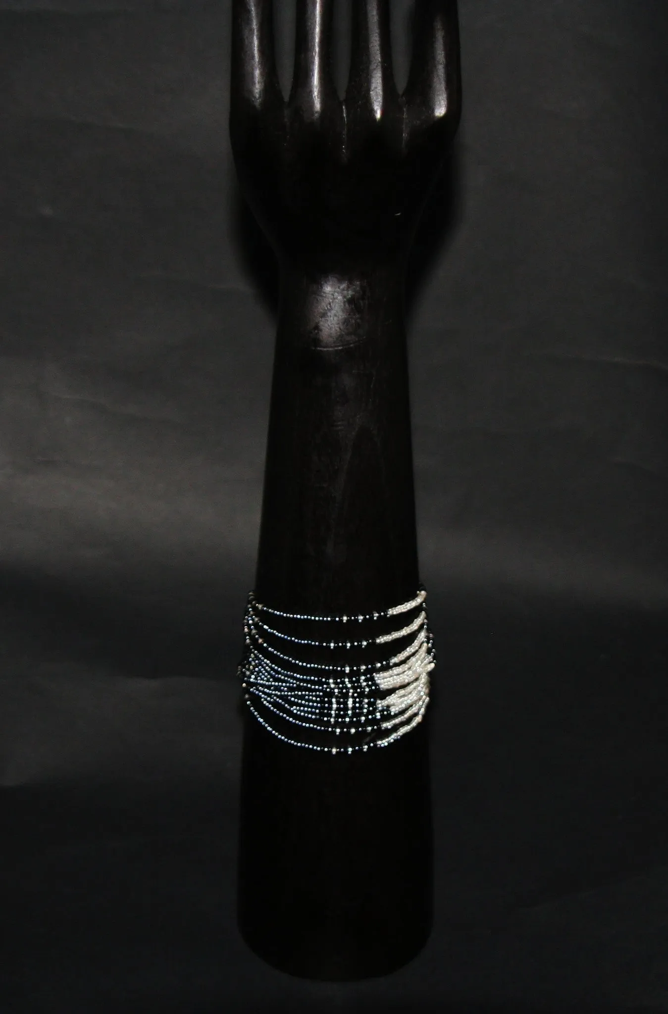 African Beaded Waterfall Necklace Graphite Black Silver Colors Matching Bracelet