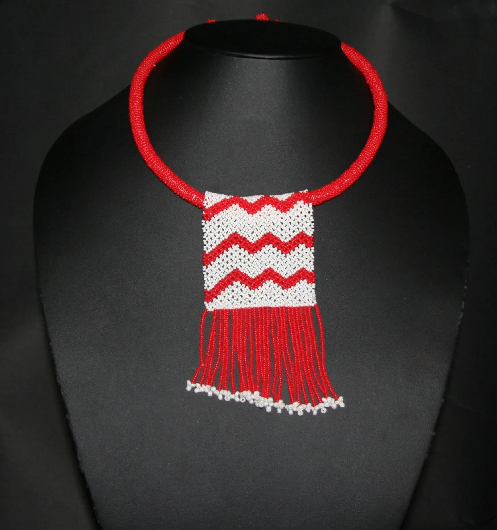 African Love Letter Beaded Necklace Red White Beaded Fringe
