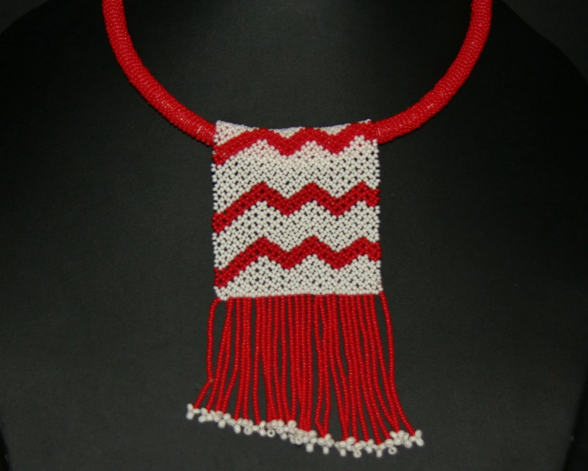 African Love Letter Beaded Necklace Red White Beaded Fringe
