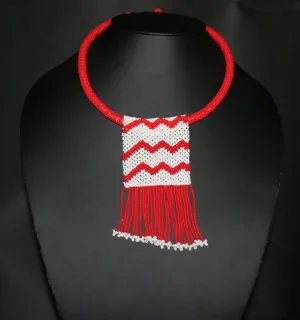 African Love Letter Beaded Necklace Red White Beaded Fringe