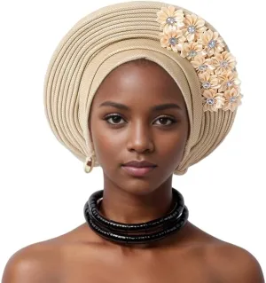 African Nigeria Aoto Gele Head Tie Turbans with Flower for Women Muslim ASO Oke Wedding Party Headwraps
