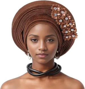 African Nigeria Aoto Gele Head Tie Turbans with Flower for Women Muslim ASO Oke Wedding Party Headwraps