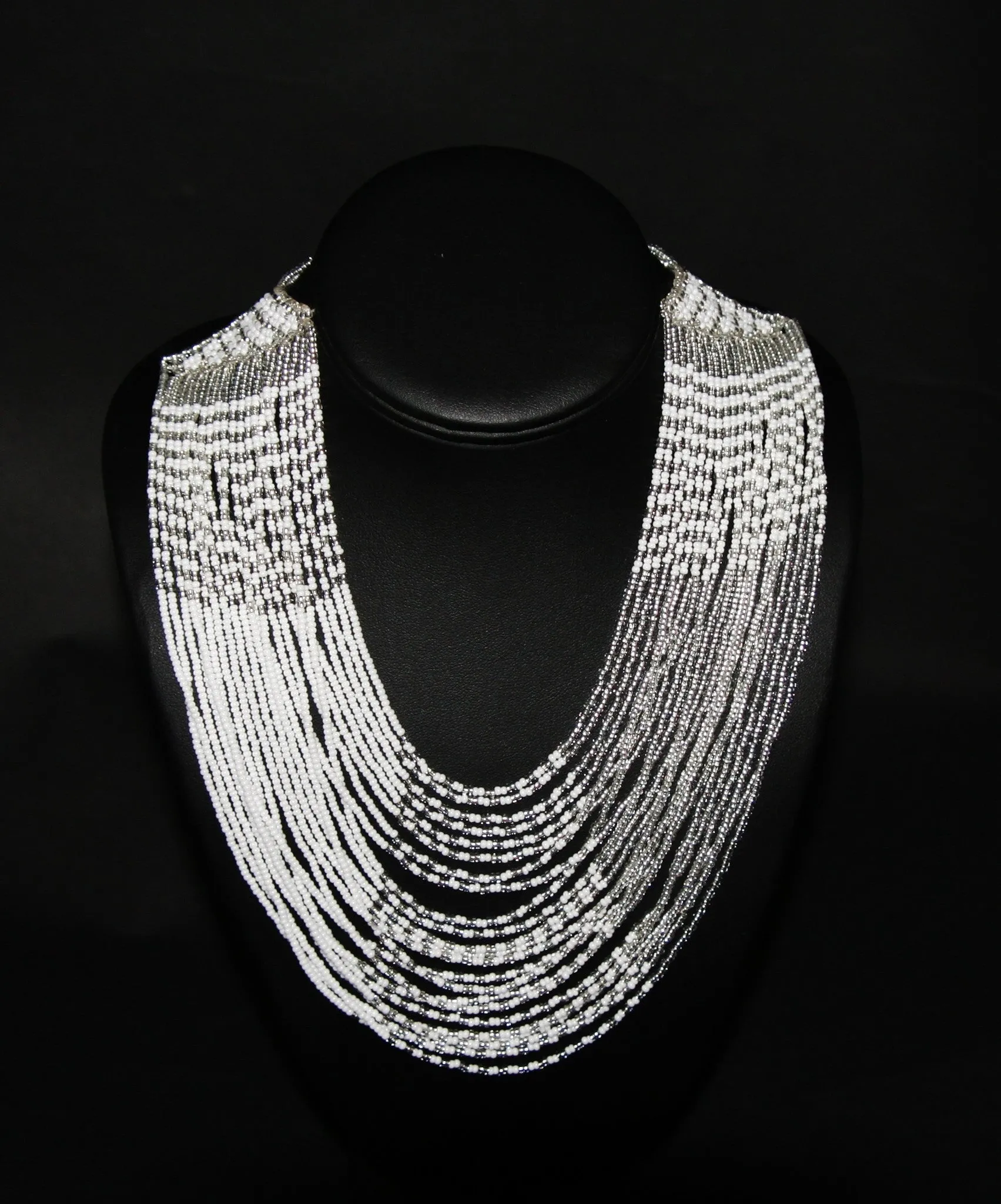 African Tribal Beaded White Necklace Waterfall Necklace