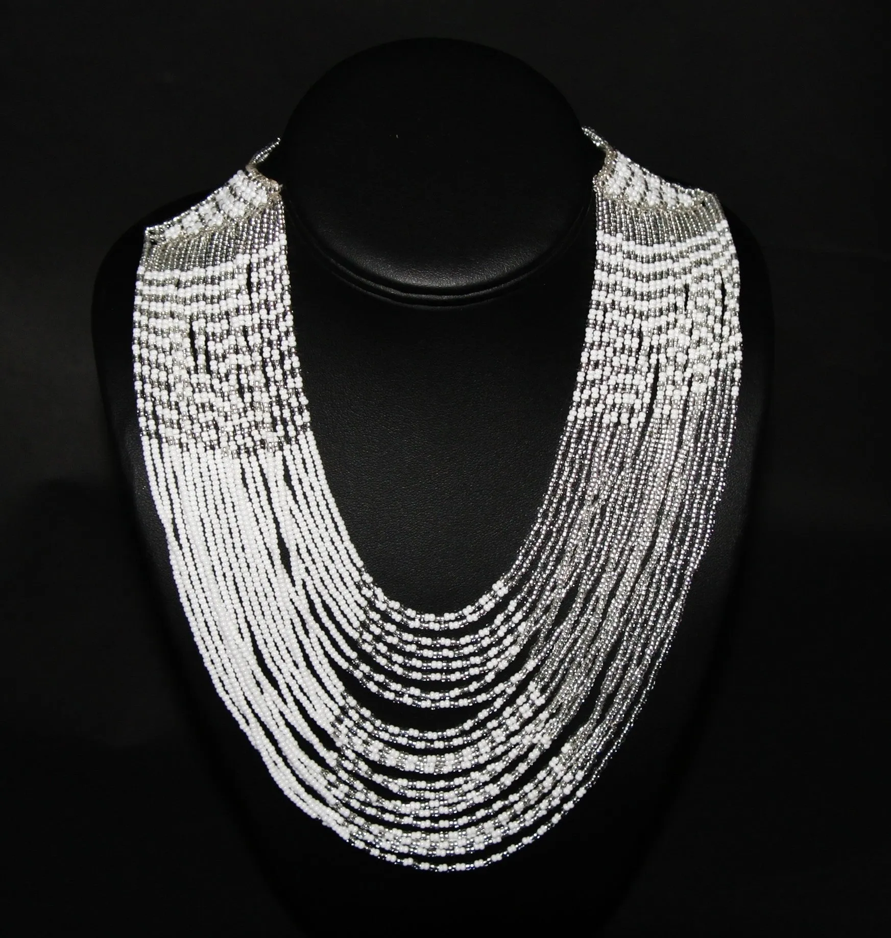 African Tribal Beaded White Necklace Waterfall Necklace