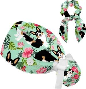 Animals Dogs Working Cap with Buttons, Adjustable Surgical Scrub Cap with Bow Hair Scrunchy