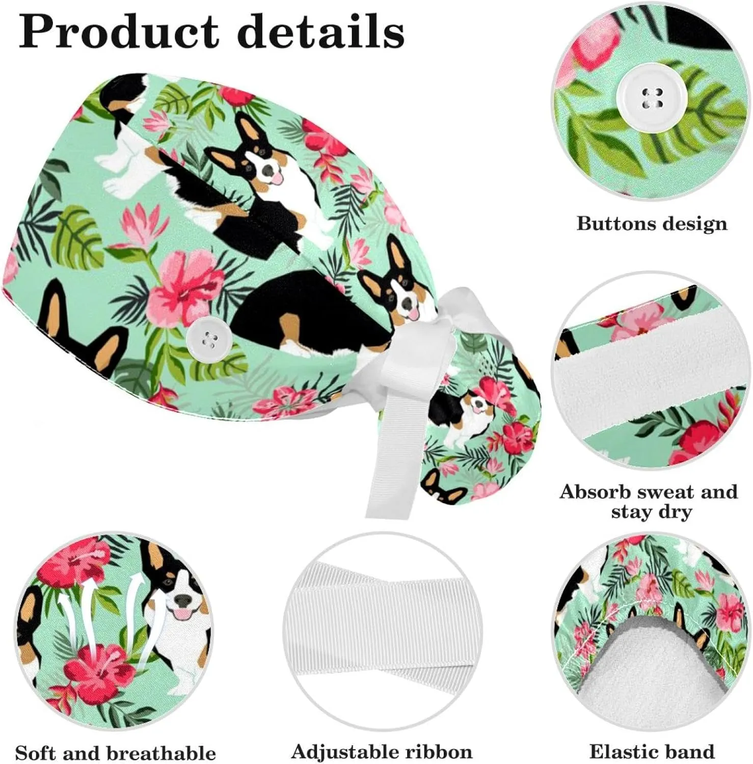Animals Dogs Working Cap with Buttons, Adjustable Surgical Scrub Cap with Bow Hair Scrunchy