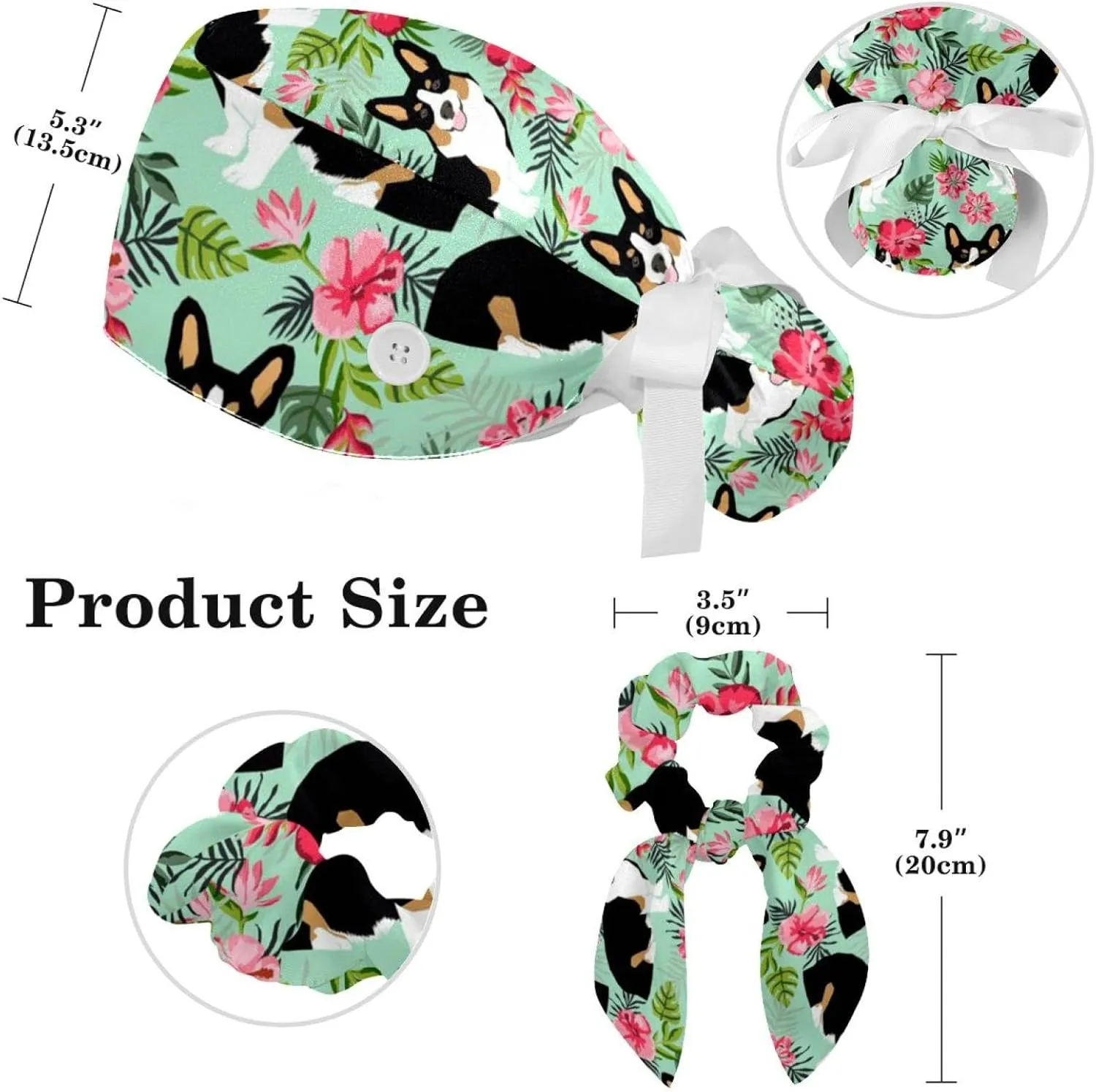 Animals Dogs Working Cap with Buttons, Adjustable Surgical Scrub Cap with Bow Hair Scrunchy