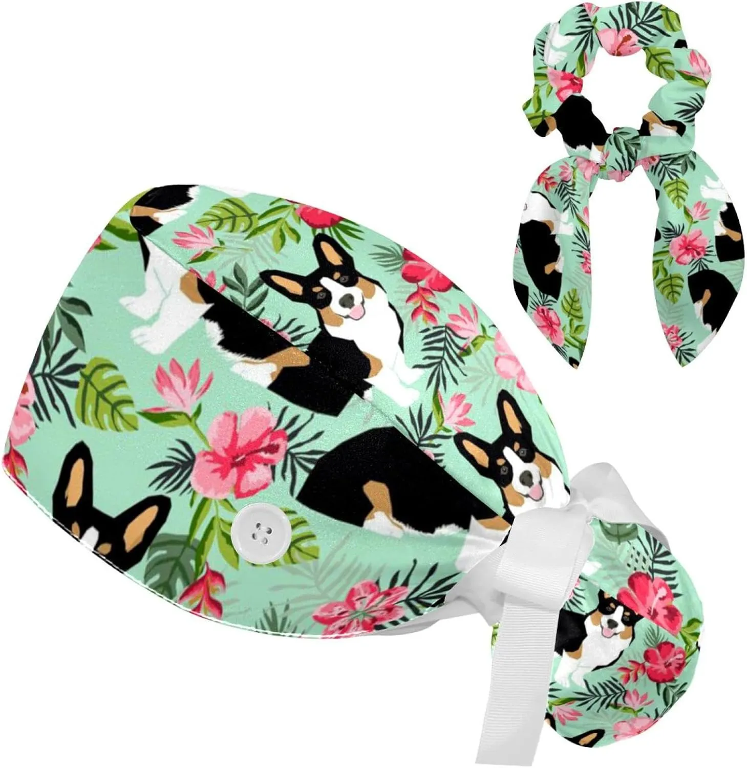 Animals Dogs Working Cap with Buttons, Adjustable Surgical Scrub Cap with Bow Hair Scrunchy