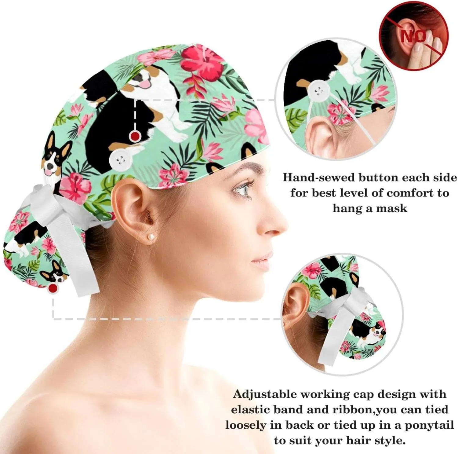 Animals Dogs Working Cap with Buttons, Adjustable Surgical Scrub Cap with Bow Hair Scrunchy