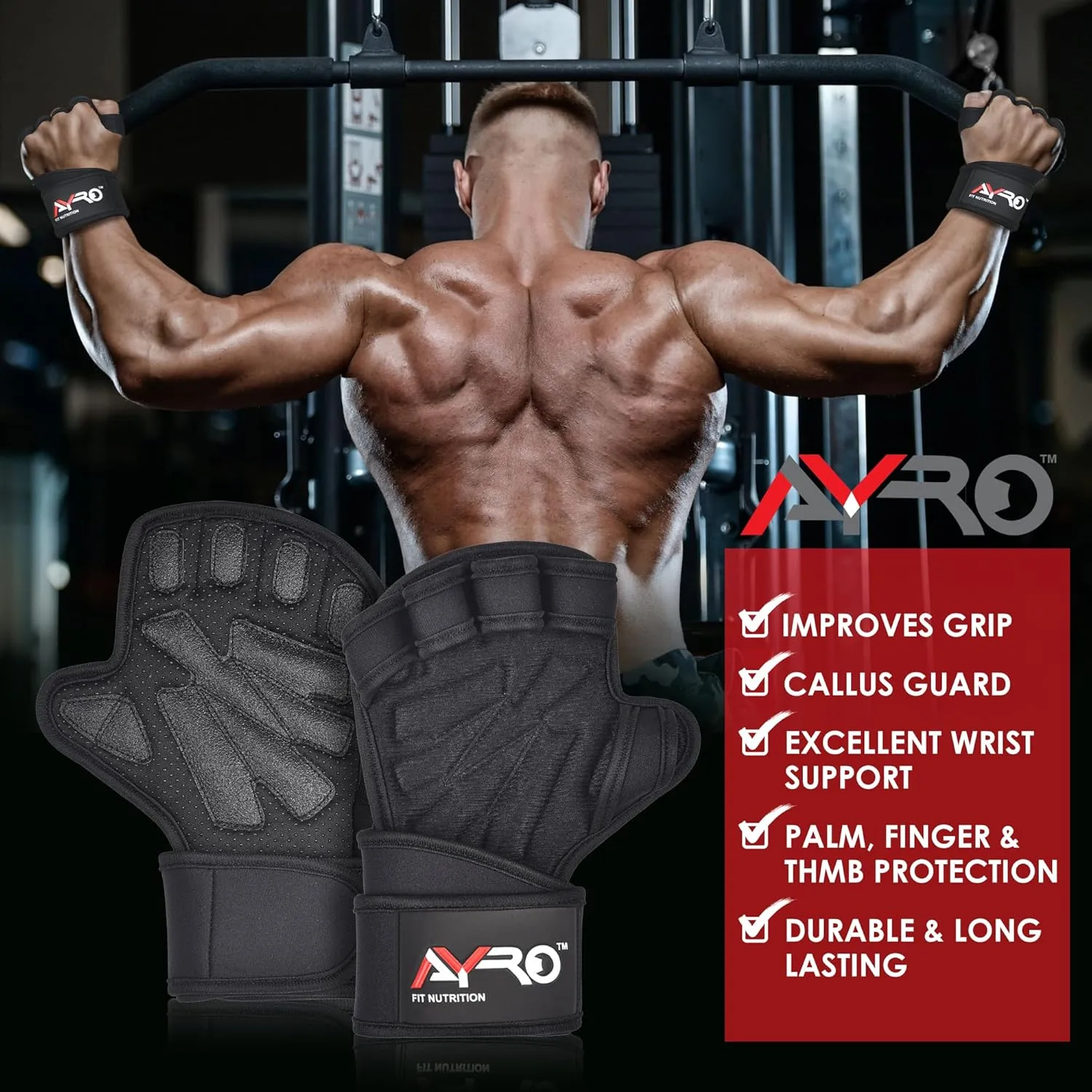 AYRO Ventilated Weightlifting Workout Gloves for Men & Women, Gym Gloves with Built-in Wrist Wraps for Men & Women-Best for Weightlifting, Gym Fitness, Hand Support & Cross Training