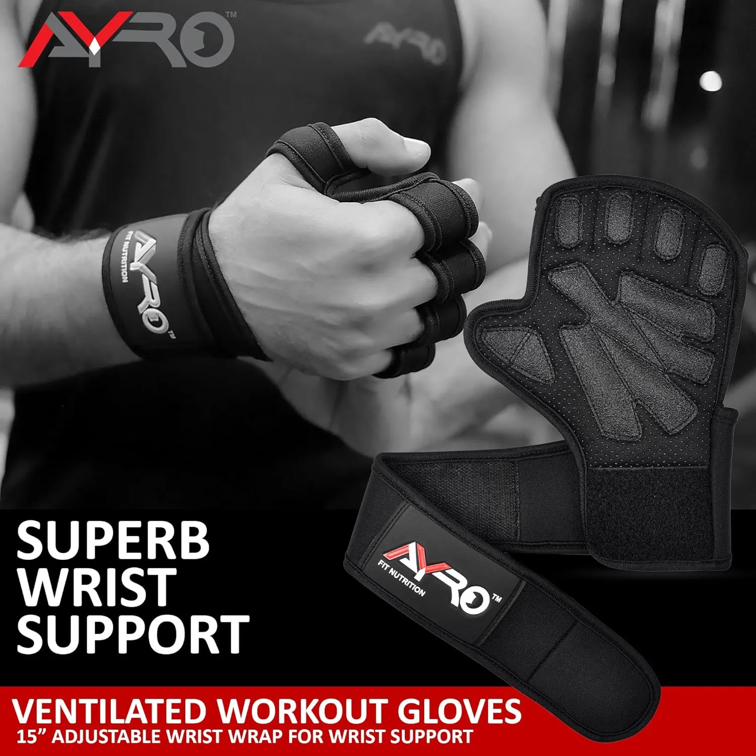 AYRO Ventilated Weightlifting Workout Gloves for Men & Women, Gym Gloves with Built-in Wrist Wraps for Men & Women-Best for Weightlifting, Gym Fitness, Hand Support & Cross Training