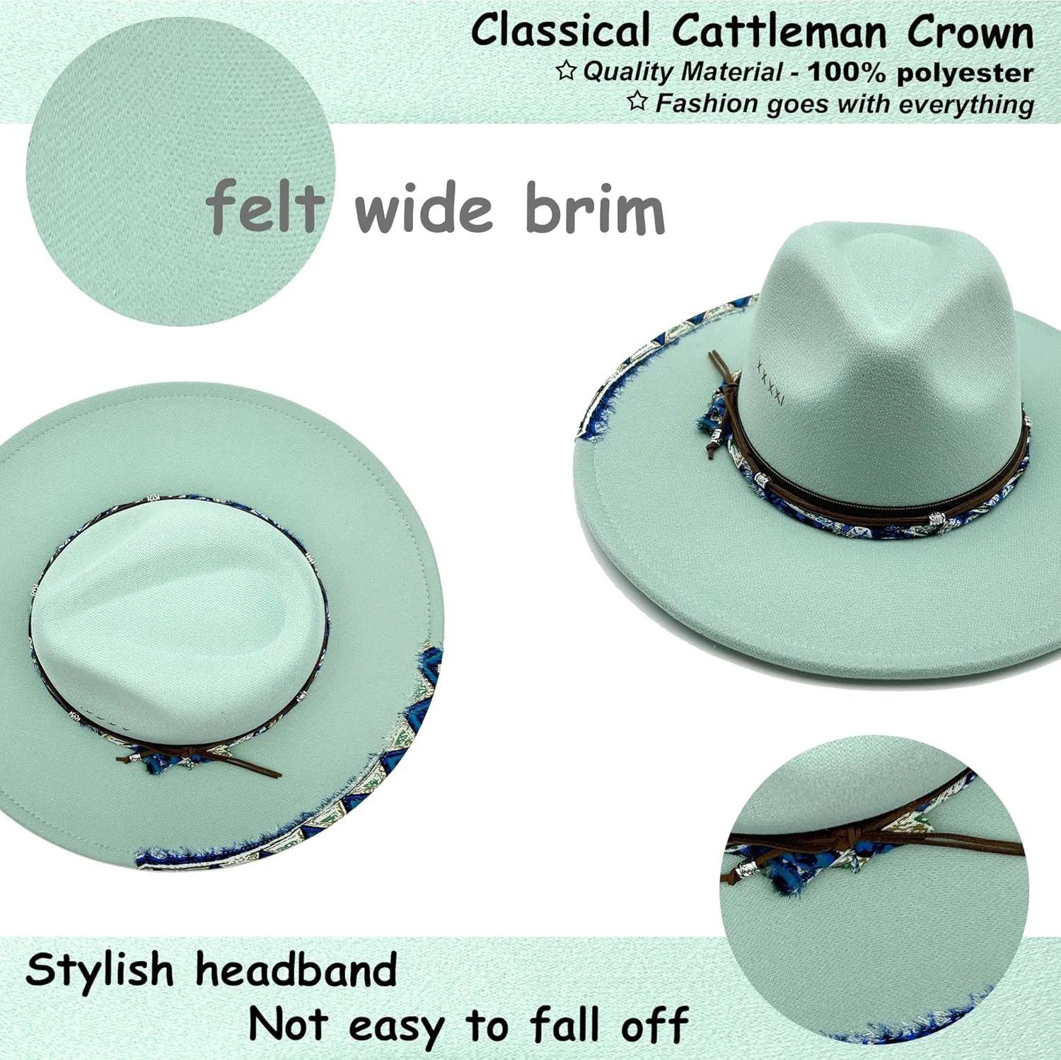 Big Wide Brim Fedora Hat for Women Man Felt Panama Hat with Band Western Outdoor hat