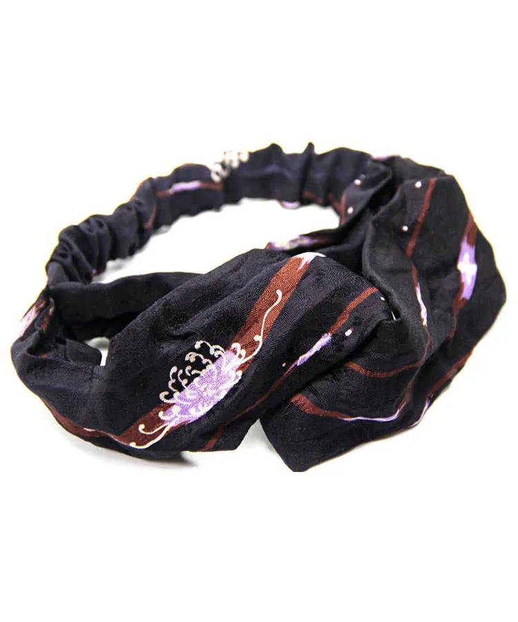 Black Brown Vintage Kimono Headband / Silk Fabric Headband