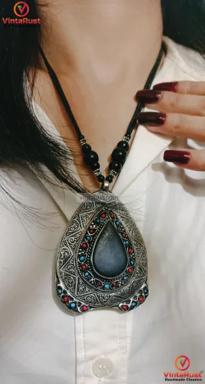 Black Gemstone Necklace With Coral And Turquoise Beads with Cuff Bracelet