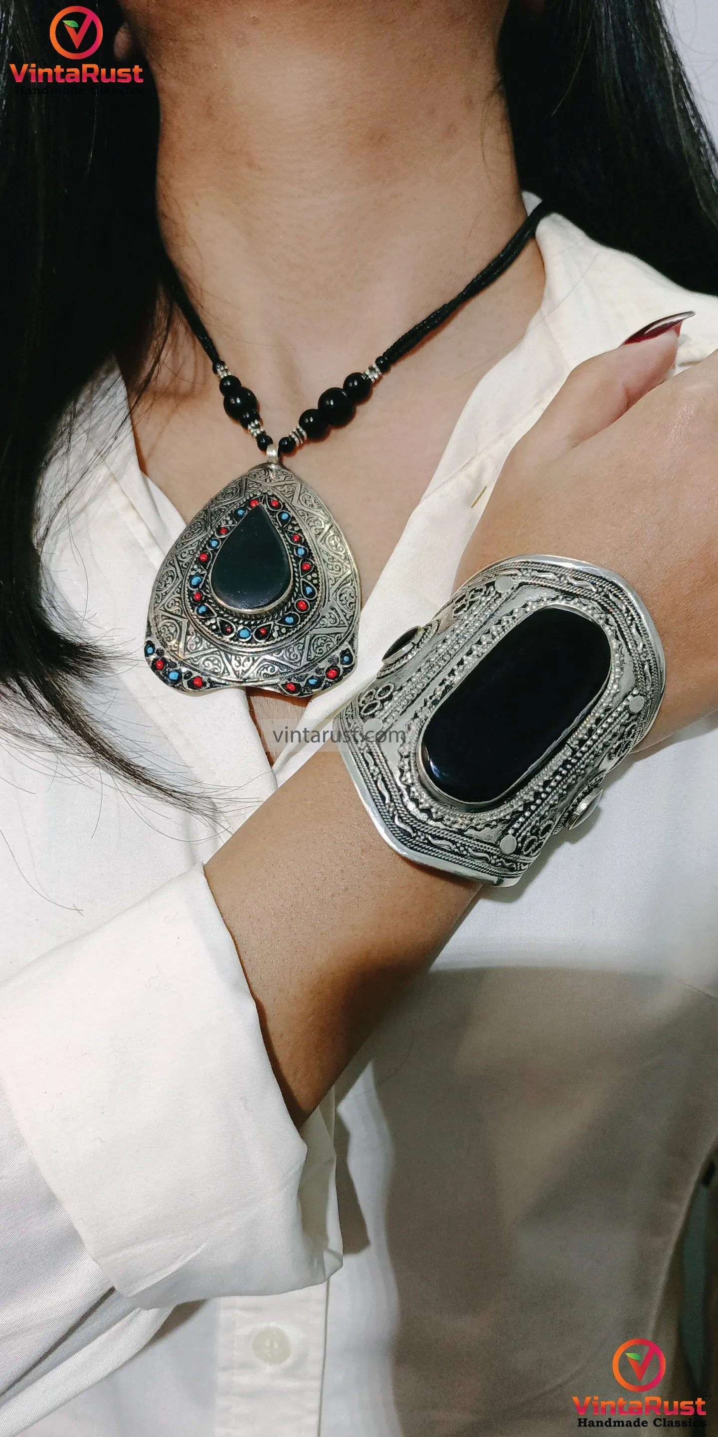 Black Gemstone Necklace With Coral And Turquoise Beads with Cuff Bracelet