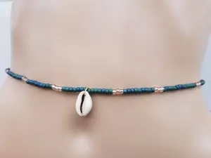 Blue Green Matte African Waist Beads, Belly Waist Chain