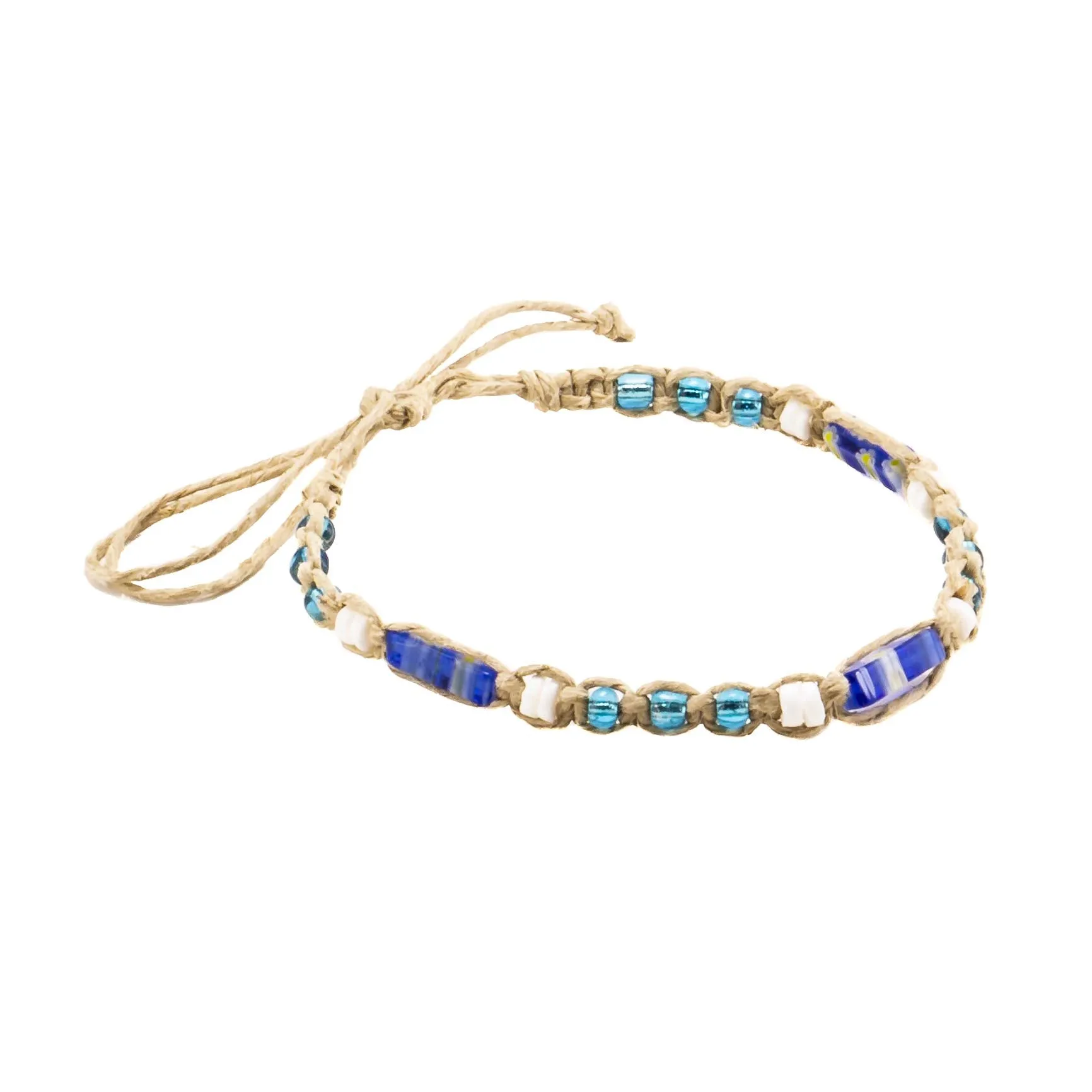 BlueRica Hemp Anklet Bracelet with Puka Shell Beads & Dark Blue Murano Glass Tubes