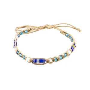 BlueRica Hemp Anklet Bracelet with Puka Shell Beads & Dark Blue Murano Glass Tubes