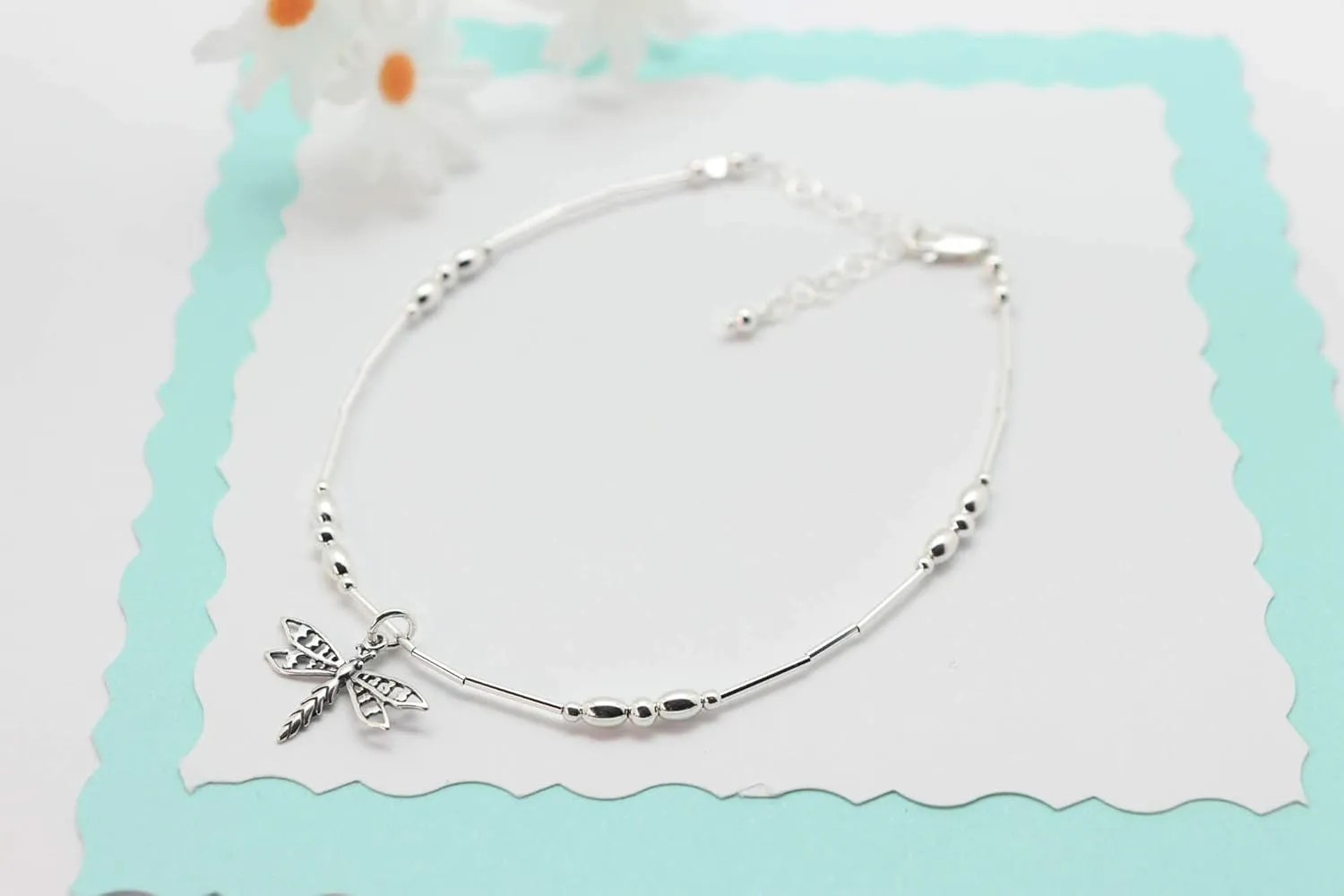 Dragonfly Anklet Sterling Silver Beach Gift (Average 8 1/2" to 10")