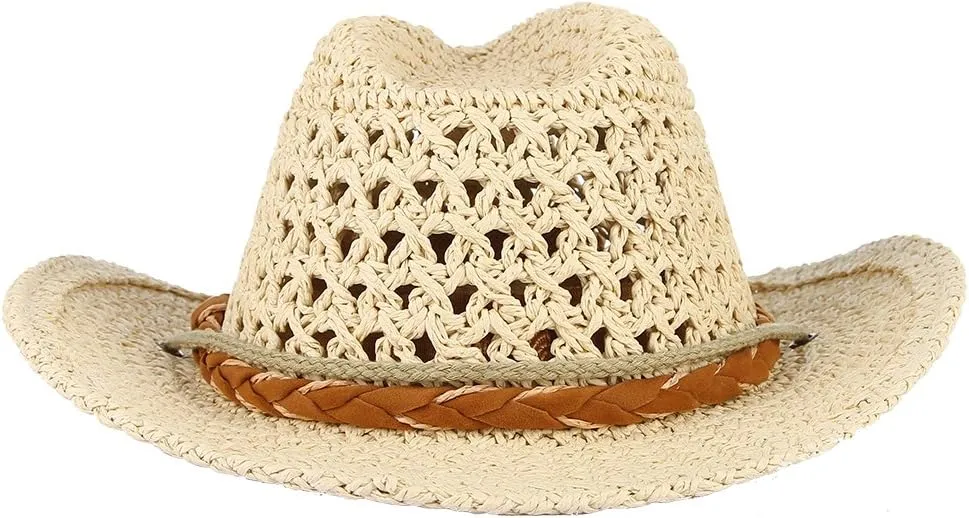 EOZY Women Men Straw Hat Hallow Out Cowboy Cowgirls Sun Hat Braided Paper Western Style Beach Sun Hat with Chin Strap