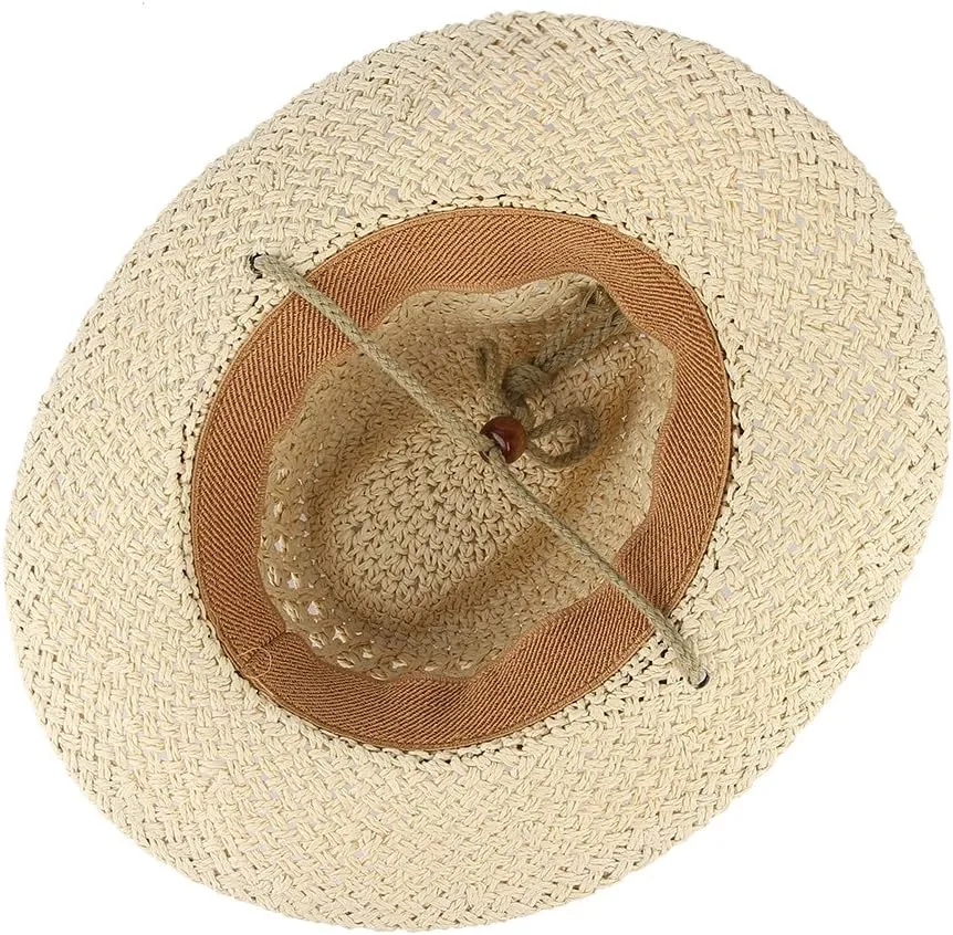 EOZY Women Men Straw Hat Hallow Out Cowboy Cowgirls Sun Hat Braided Paper Western Style Beach Sun Hat with Chin Strap