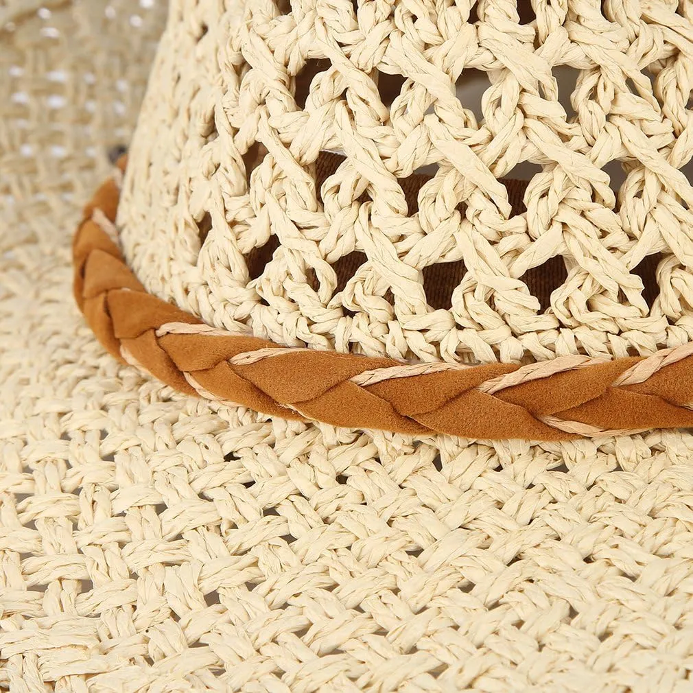 EOZY Women Men Straw Hat Hallow Out Cowboy Cowgirls Sun Hat Braided Paper Western Style Beach Sun Hat with Chin Strap