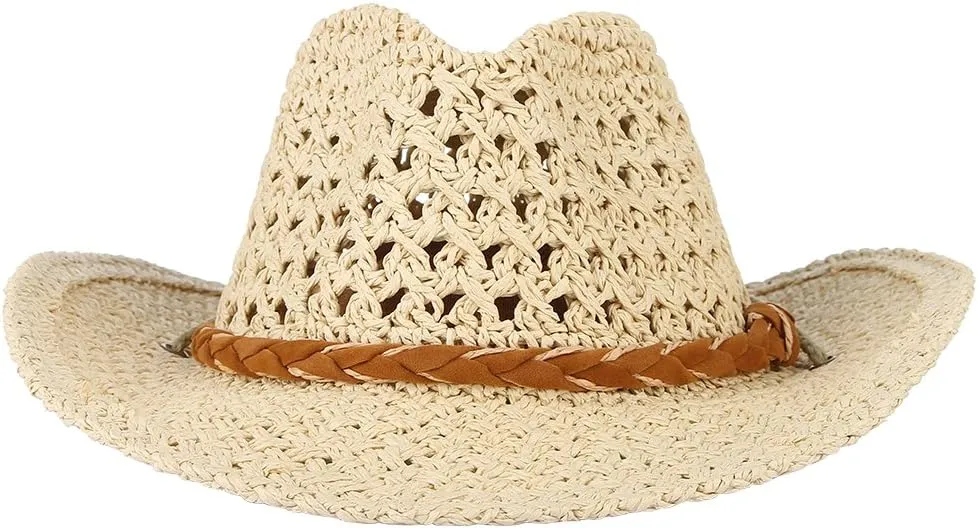 EOZY Women Men Straw Hat Hallow Out Cowboy Cowgirls Sun Hat Braided Paper Western Style Beach Sun Hat with Chin Strap