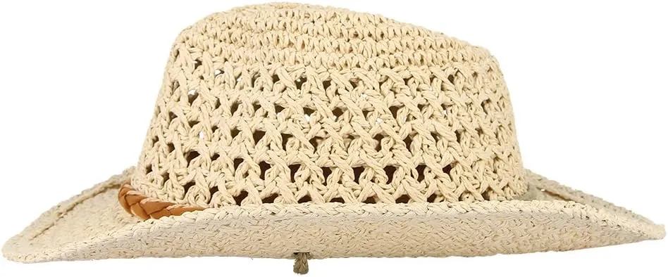 EOZY Women Men Straw Hat Hallow Out Cowboy Cowgirls Sun Hat Braided Paper Western Style Beach Sun Hat with Chin Strap