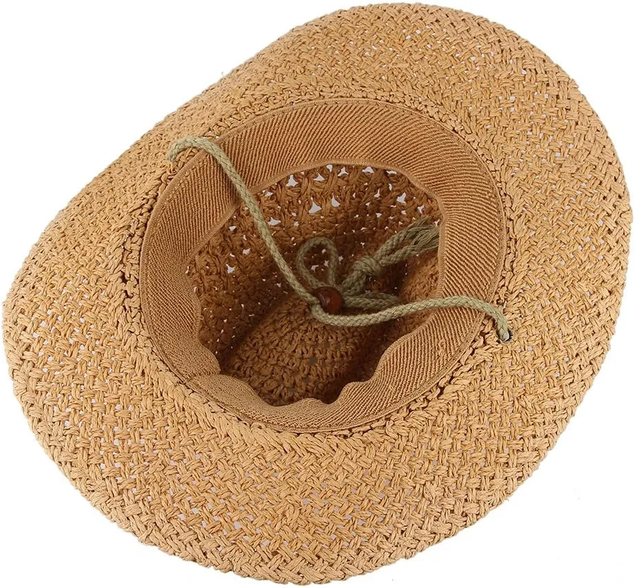 EOZY Women Men Straw Hat Hallow Out Cowboy Cowgirls Sun Hat Braided Paper Western Style Beach Sun Hat with Chin Strap