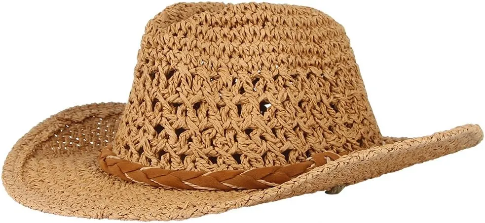 EOZY Women Men Straw Hat Hallow Out Cowboy Cowgirls Sun Hat Braided Paper Western Style Beach Sun Hat with Chin Strap