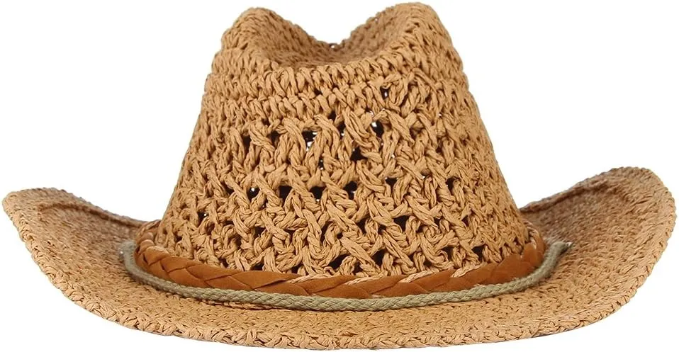 EOZY Women Men Straw Hat Hallow Out Cowboy Cowgirls Sun Hat Braided Paper Western Style Beach Sun Hat with Chin Strap