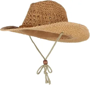 EOZY Women Men Straw Hat Hallow Out Cowboy Cowgirls Sun Hat Braided Paper Western Style Beach Sun Hat with Chin Strap
