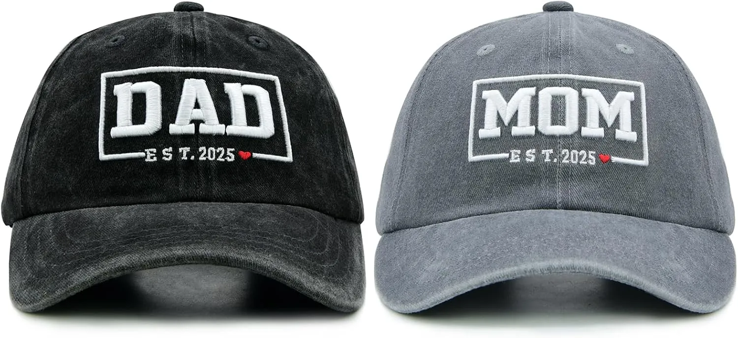 Funny Mom and Dad Est 2025 Hats, Gifts for New Parents, New Mom and Dad Hats, 3D Embroidered Adjustable Baseball Cap