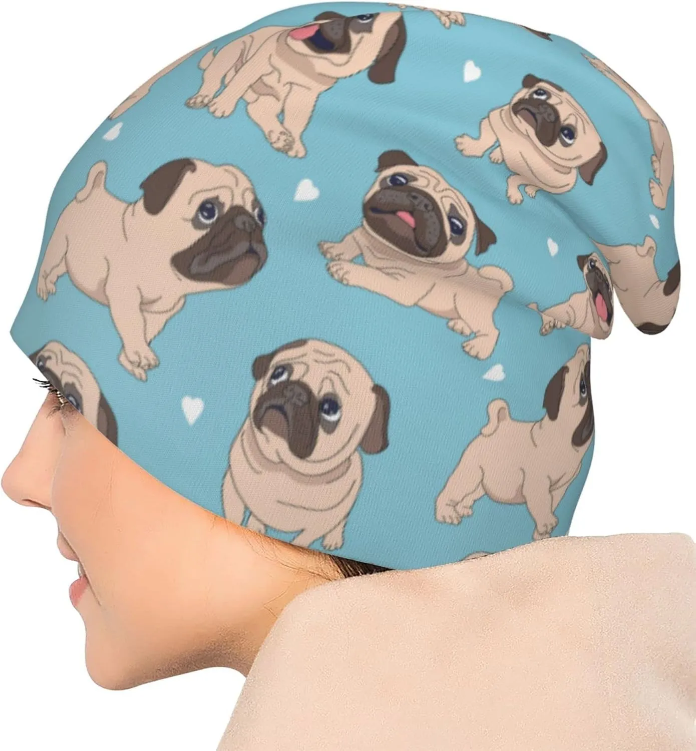 Funny Pug Beanie Hat Adult Skull Cap Warm Slouchy Knit Hat Headwear Gift for Men Women