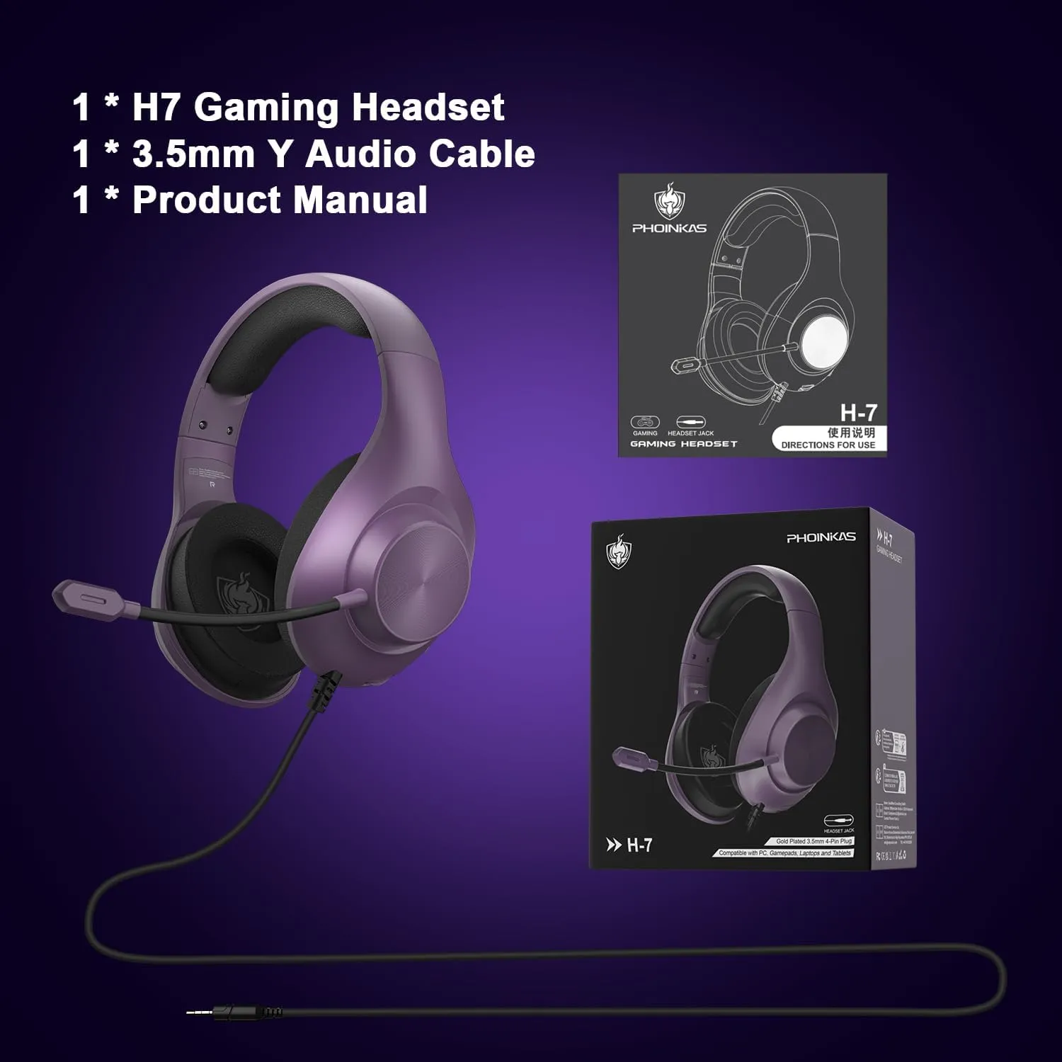 Gaming Headset for PS5 PS4 PC, Wired Headsets with 7.1 Surround Sound, H-7 Gaming Over Ear Headphones with Noise Cancelling Flexible Mic Memory Earmuffs, for PC/PS5/PS4/XboxSeries X/S/Switch(Purple)