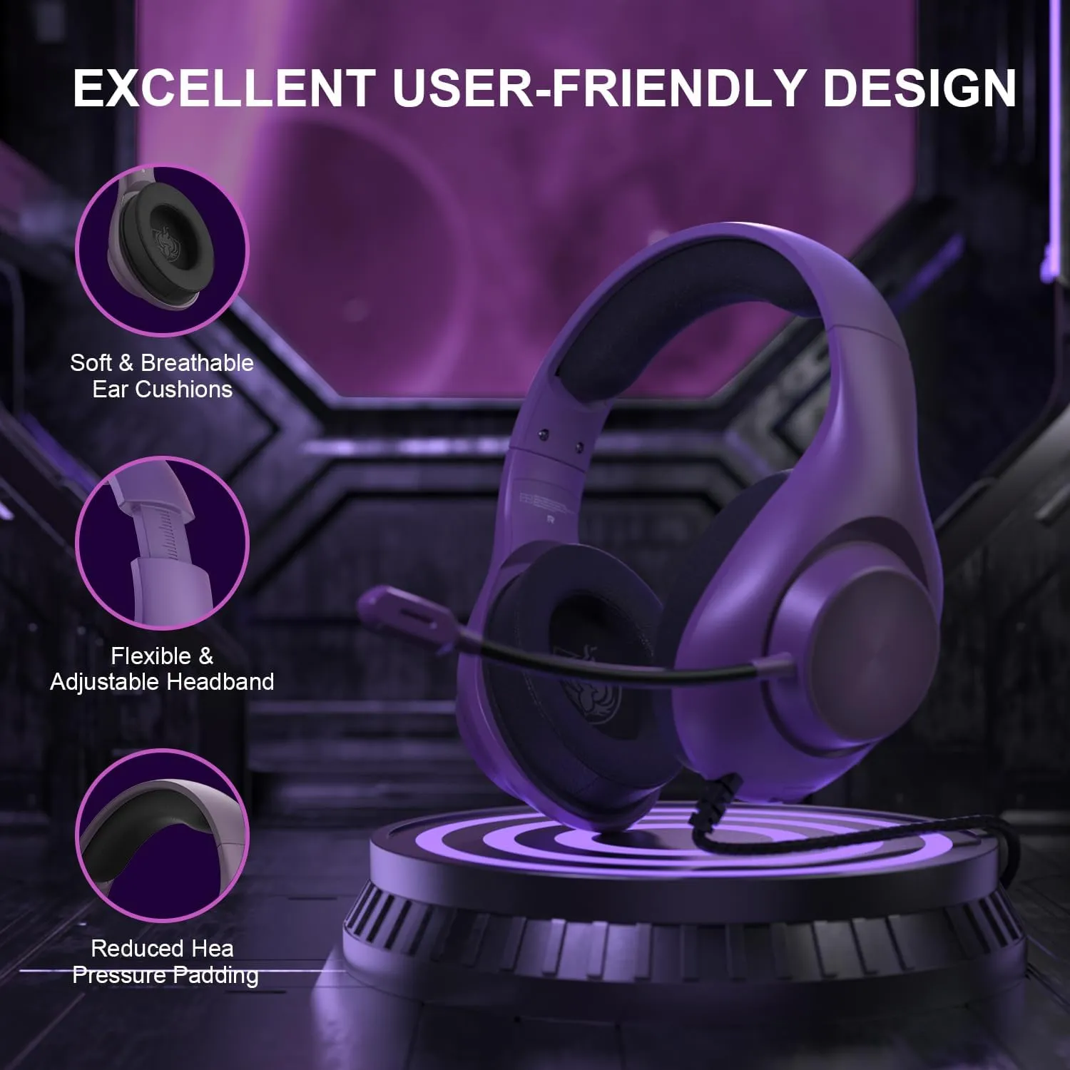 Gaming Headset for PS5 PS4 PC, Wired Headsets with 7.1 Surround Sound, H-7 Gaming Over Ear Headphones with Noise Cancelling Flexible Mic Memory Earmuffs, for PC/PS5/PS4/XboxSeries X/S/Switch(Purple)