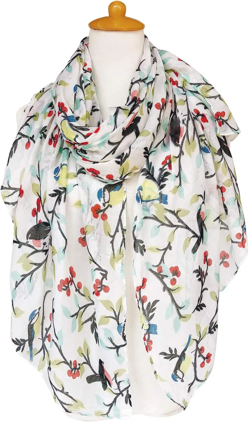 GERINLY Scarfs for Women Lightweight Floral Birds Print Cotton Scarves and Wraps for Summer Shawl