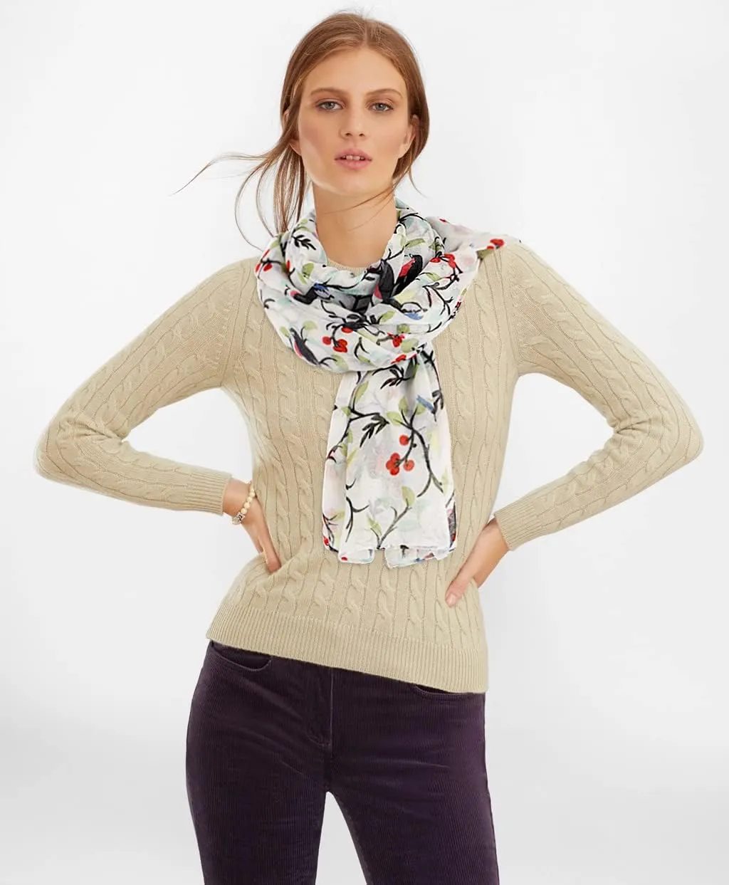 GERINLY Scarfs for Women Lightweight Floral Birds Print Cotton Scarves and Wraps for Summer Shawl