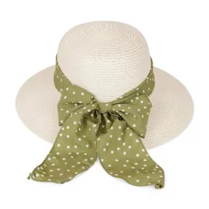 Ladies Natural Summer Straw Sun Hat with Green Polka Dot Scarf Band