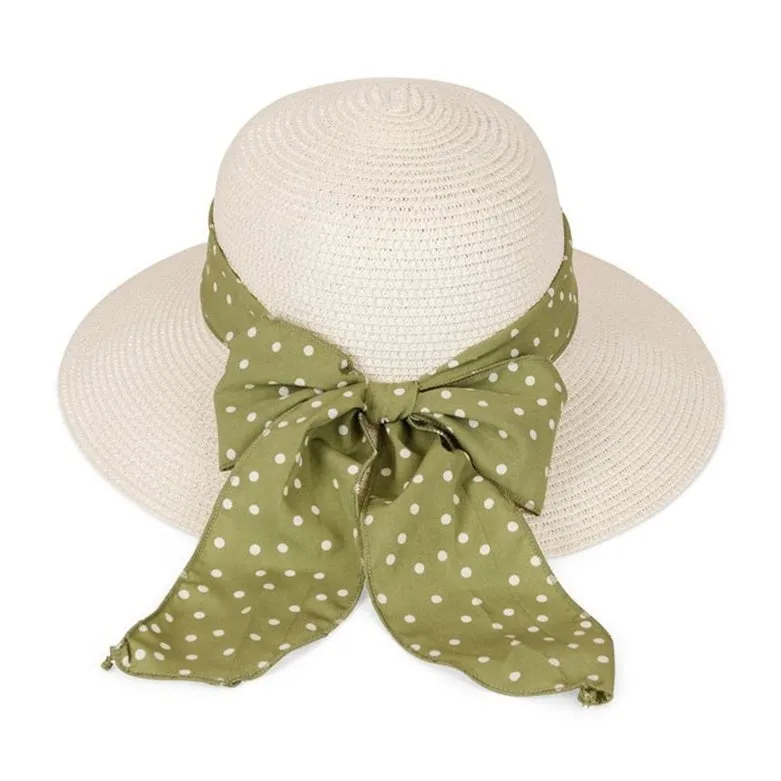 Ladies Natural Summer Straw Sun Hat with Green Polka Dot Scarf Band