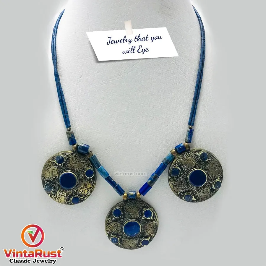 Lapis Lazuli Stone Beaded Necklace With Three Motifs,