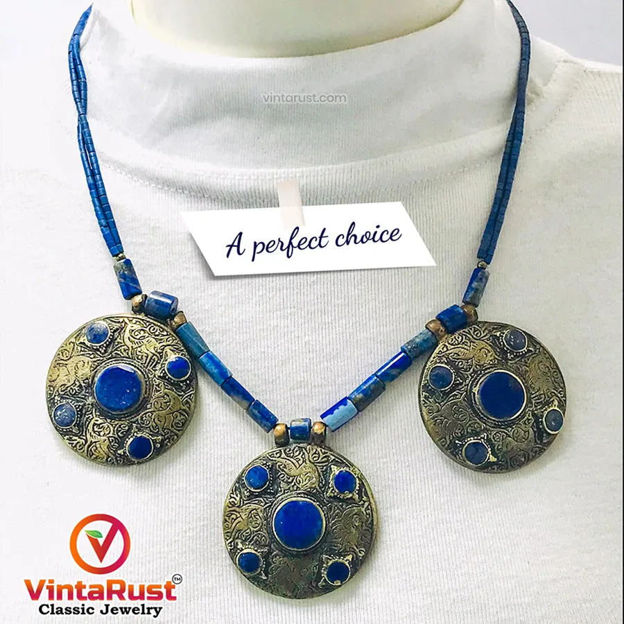 Lapis Lazuli Stone Beaded Necklace With Three Motifs,