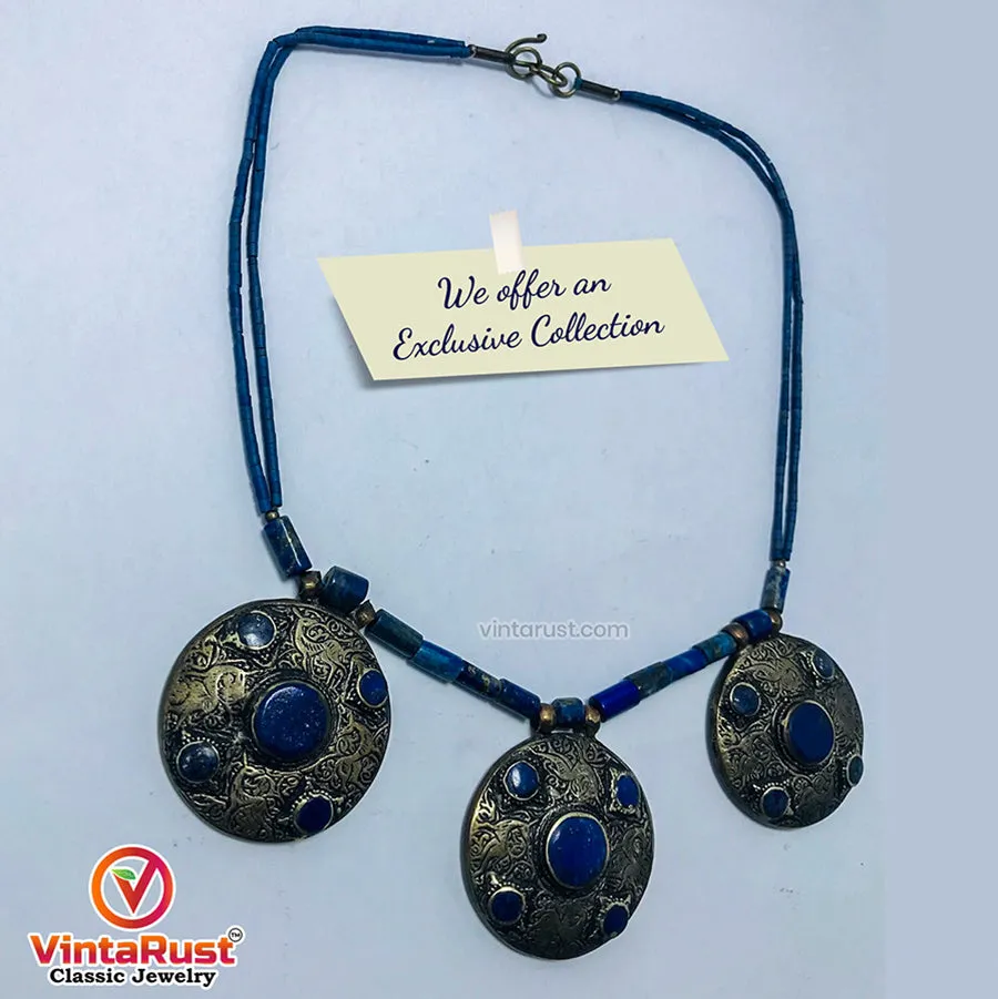 Lapis Lazuli Stone Beaded Necklace With Three Motifs,